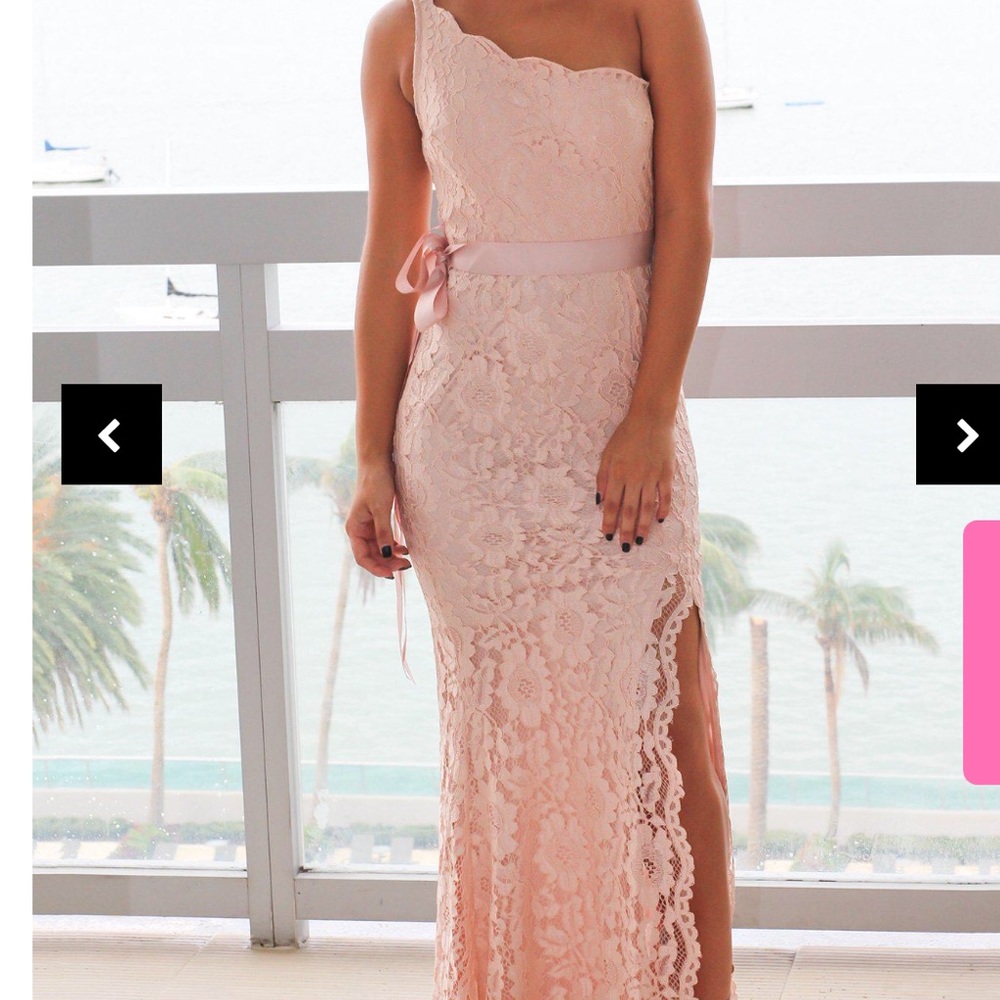 Long lace one shoulder scalloped neckline